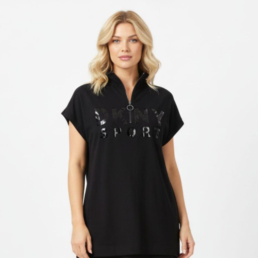 DKNY Black‎ Logo Print Short Sleeve Zip Neck Sweatshirt Top M